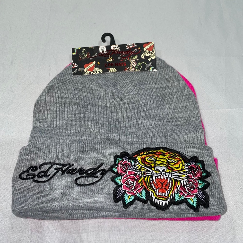 Ed Hardy 2 Pack Beanies Grey Tiger Pink Love Kills Slowly Rhinestone